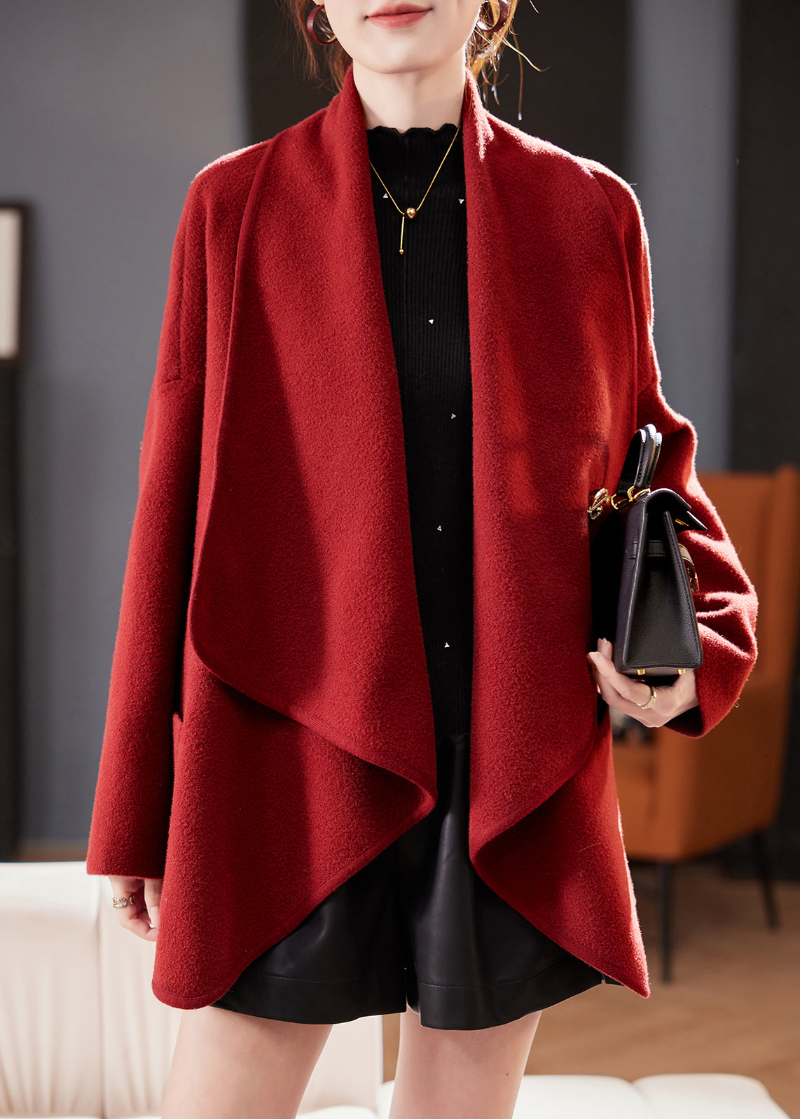 Chic Red Peter Pan Collar Pockets Woolen Cardigans Coat Spring