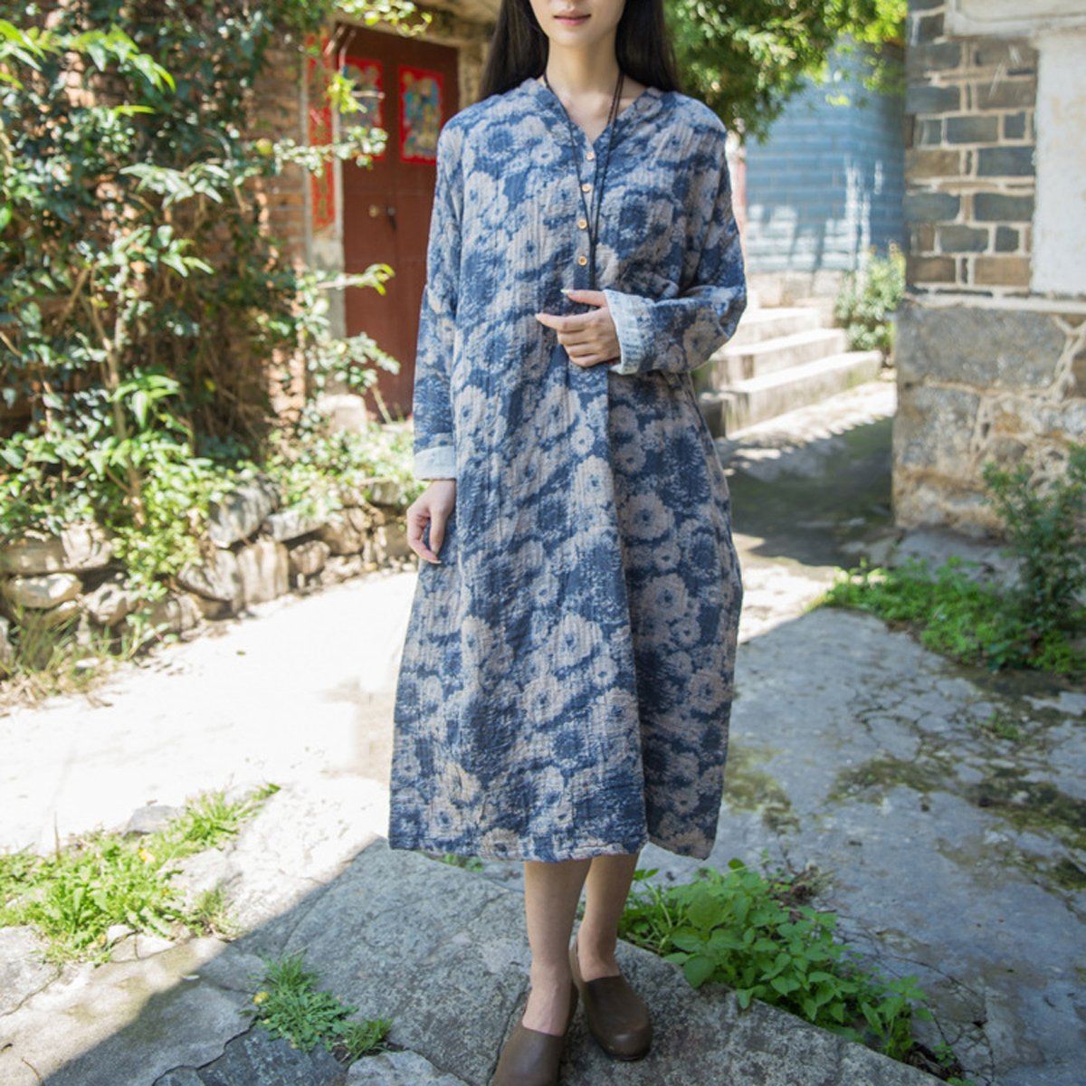 Cotton Linen Casual Loose Fitting Floral Dress Red / Blue