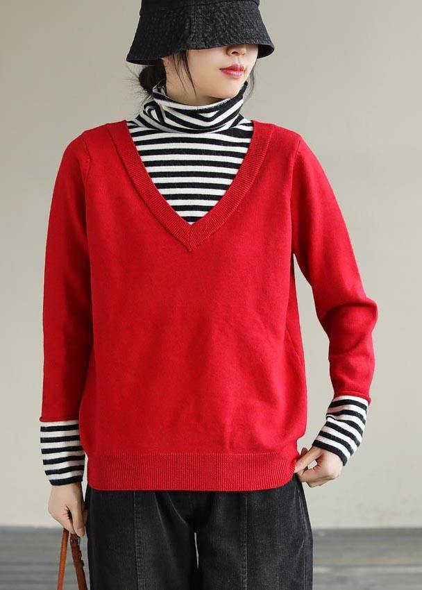 Cozy  Red Sweaters Plus Size Patchwork High Neck Blouse
