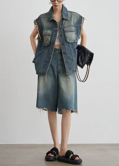 Vintage Blue Nail Bead Button Denim Two-Piece Set Summer