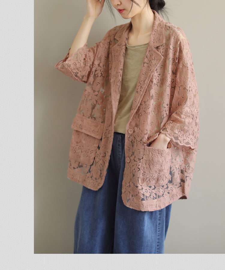 Loose Lace Embroidered Suit Collar Casual Slim Coat
