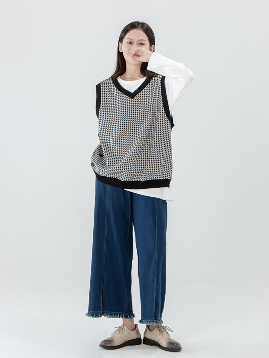 Plus Size - Women Plaid Knitted Vest Pullover Sweater