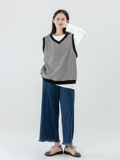 Plus Size - Women Plaid Knitted Vest Pullover Sweater