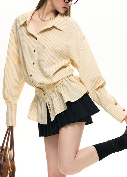 2025 New Yellow Embroidered Striped Elastic Waist Shirt Lantern Sleeve