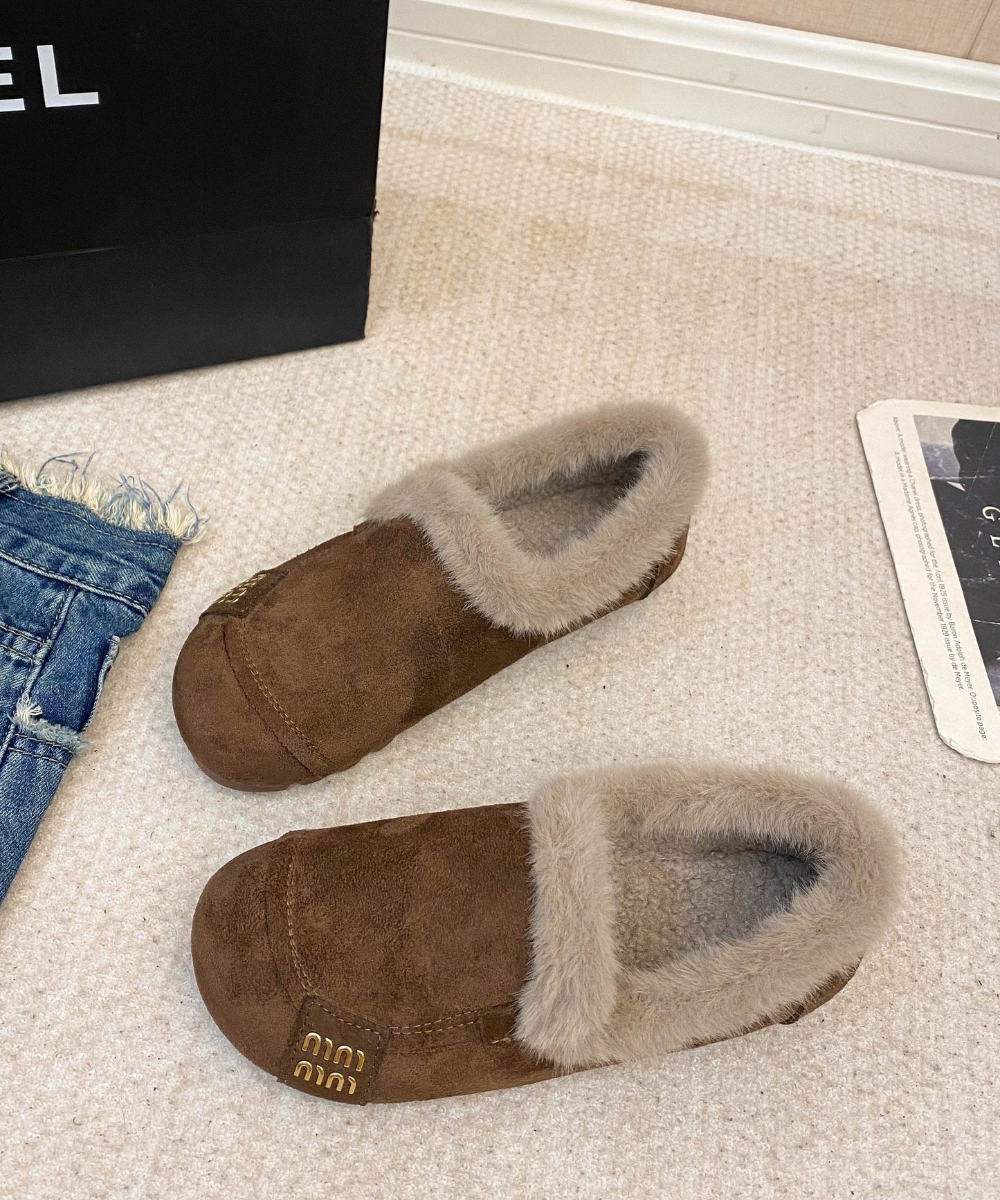 Khaki Suede Women Splicing Cozy Warm Flats