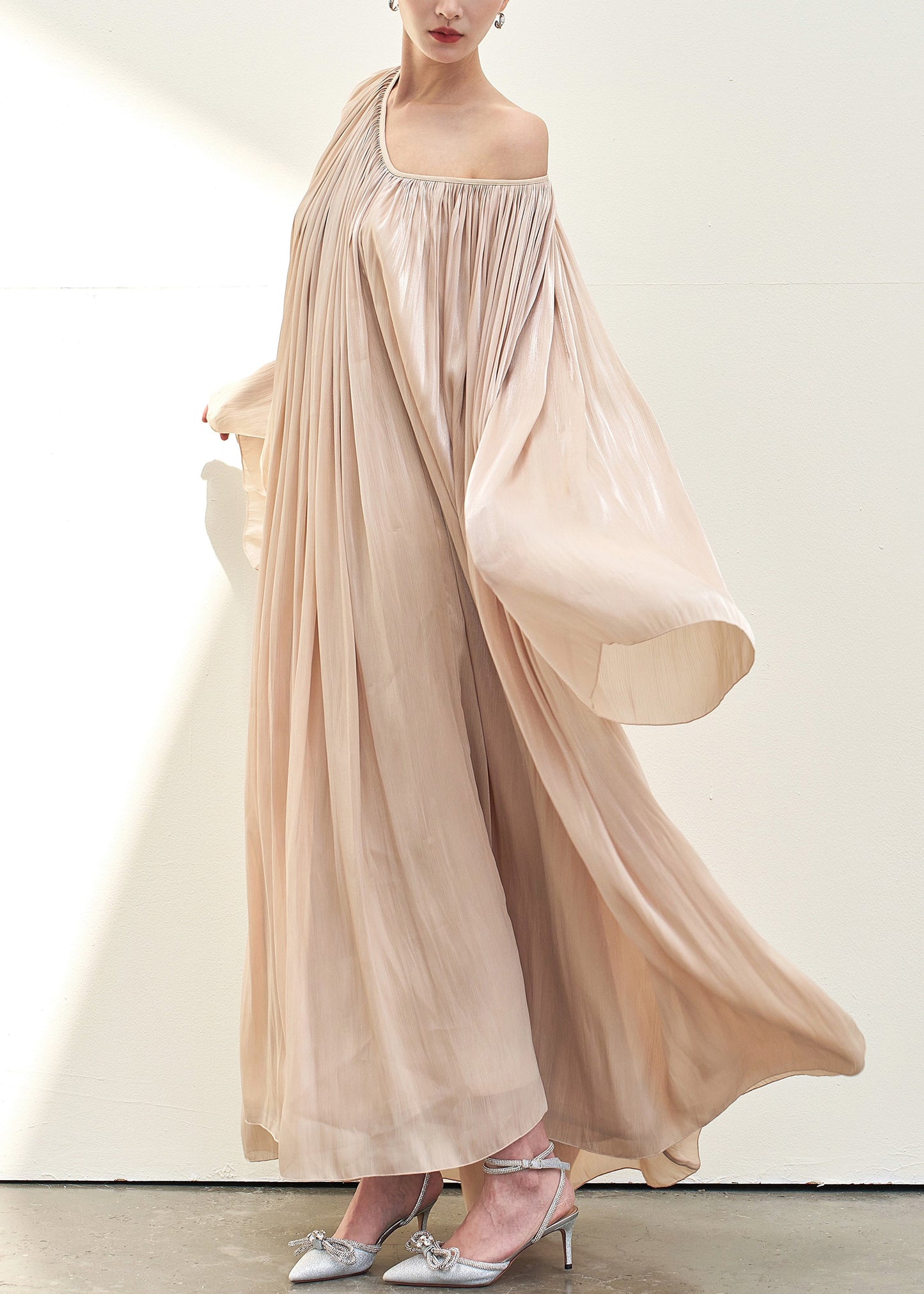 Elegant Pink V Neck Wrinkled Silk Maxi Dresses Fall
