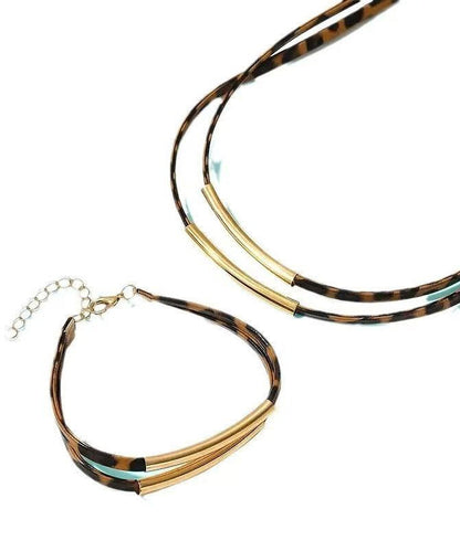 Women Leopard Copper Alloy Double-Layer Necklace And Bracelet Two-Piece Set