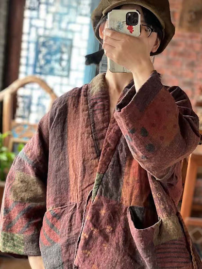 Women Winter Print Drawstring Linen Cotton Coat