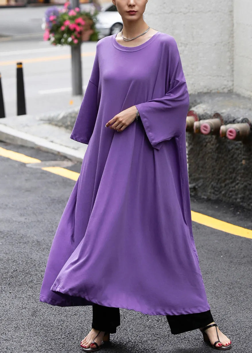 Plus Size Purple O-Neck Cotton Maxi Dress Long Sleeve