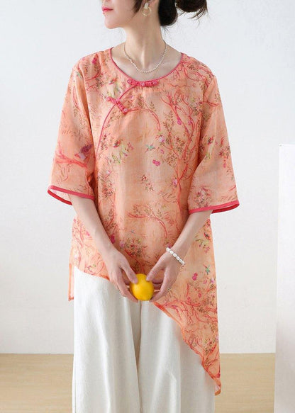 French Light Purple Print Oriental asymmetrical design Top Ramie Short Sleeve