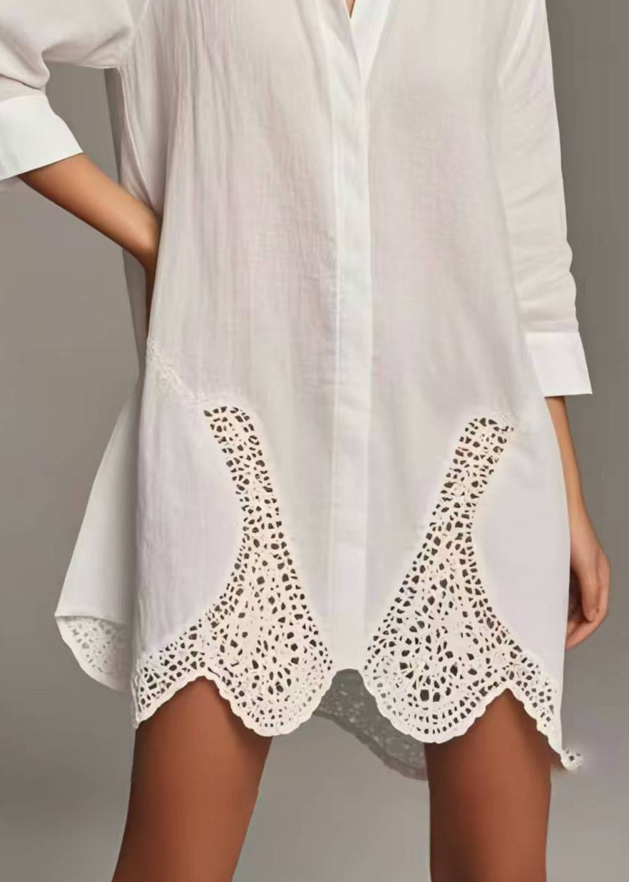 Simple White Peter Pan Collar Patchwork Lace Long Shirts Spring