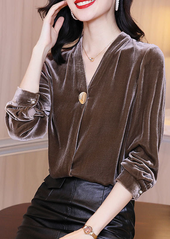Coffee Patchwork Silk Velour Shirt Top V Neck Solid Color Long Sleeve