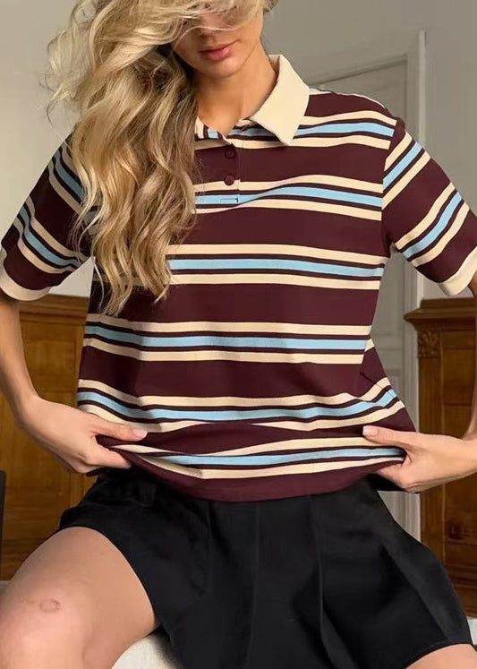 French Brown Peter Pan Collar Striped Cotton T Shirts Summer