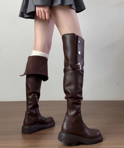 2025 New Versatile Brown Faux Leather Splicing Knee Boots
