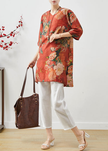 Vintage Red Oversized Print Linen Two-Piece Set Summer