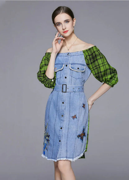 DIY Blue Slash Neck Embroideried Patchwork Cotton Denim Dress Lantern Sleeve