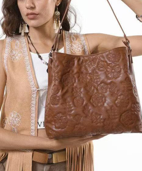 Fashion Brown Embroidered Inner Pocket Faux Leather Women Handbag