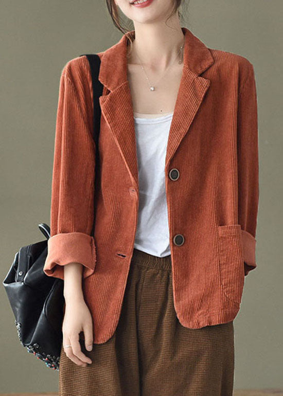 Chic Caramel button pockets V Neck Corduroy coats