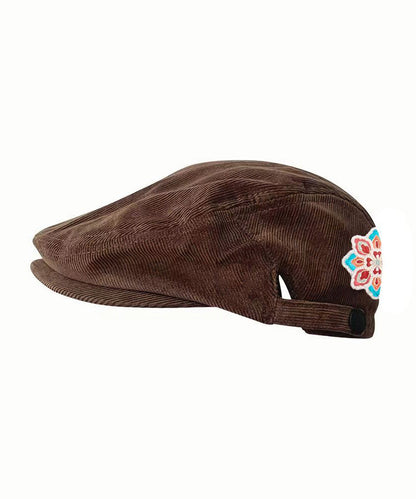 Ethnic Retro Coffee Flower Embroidered Corduroy Beret Hat