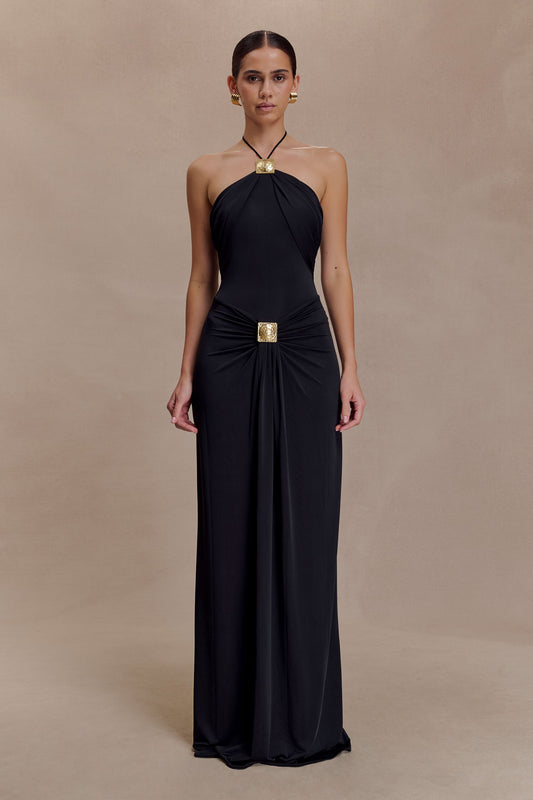 Black Gold Buckle Decor Halter Backless Waist-Fitted Draped Floor-Length Evening Gown