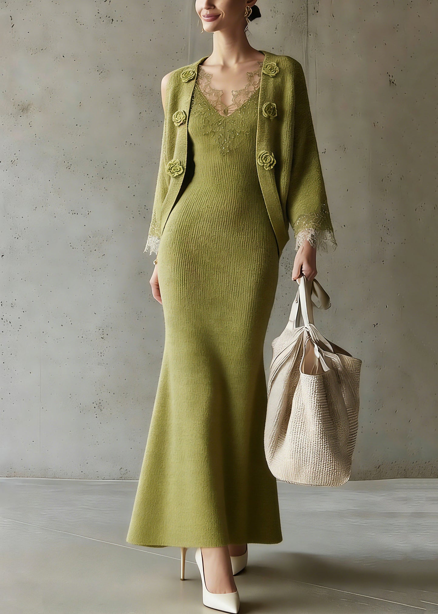 Fitted Green V Neck Sequins Cotton Knit Cardigans And Maxi Skirts Two Pieces Set Three Quarter Sleeve
