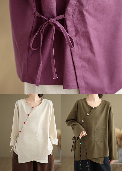 Vintage Beige O Neck Lace Up Patchwork Cotton Blouse Top Spring