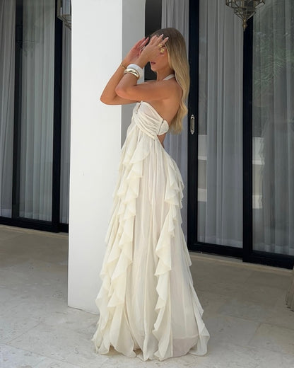 Cream White Halter Gold Rose Ruffled Backless Maxi Dress