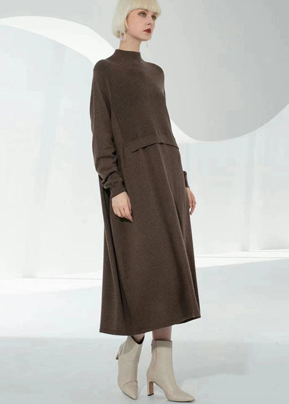Bohemian Coffee Turtle Neck Patchwork Solid Wool Knit Sweater Dress Long Sleeve