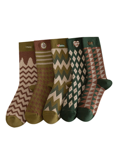 5 Pairs Women Vintage Mid Tube Striped Cotton Socks