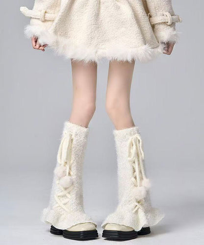 Japanese Style White Cross Strap Fuzzy Fur Fluffy Socks Covers