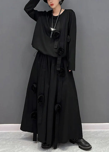 Loose Black O-Neck Top And Maxi Skirts Two Pieces Set Fall