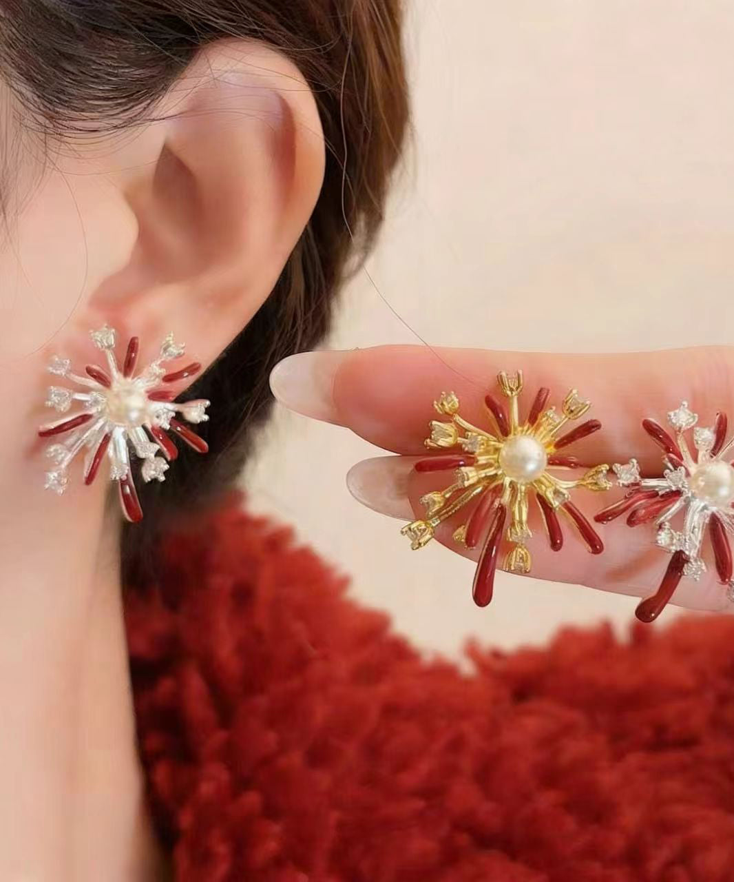 Beautiful Red Fireworks Shape Metal Stud Earrings