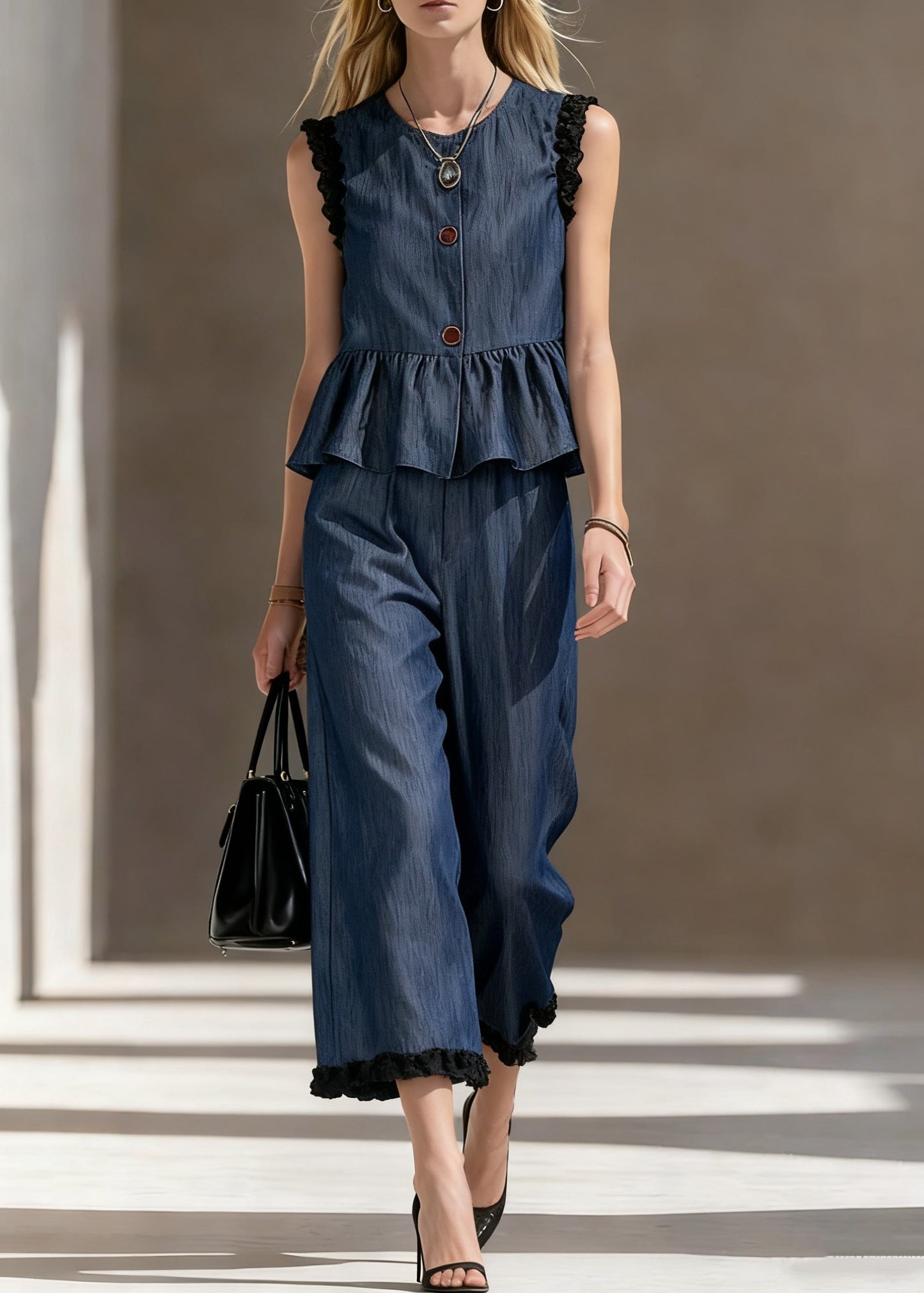 Loose Blue Ruffled Tops And Crop Pants Denim Two Pieces Set Sleeveless