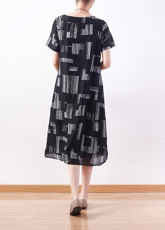 Beautiful black linen clothes tie waist long summer prints Dresses
