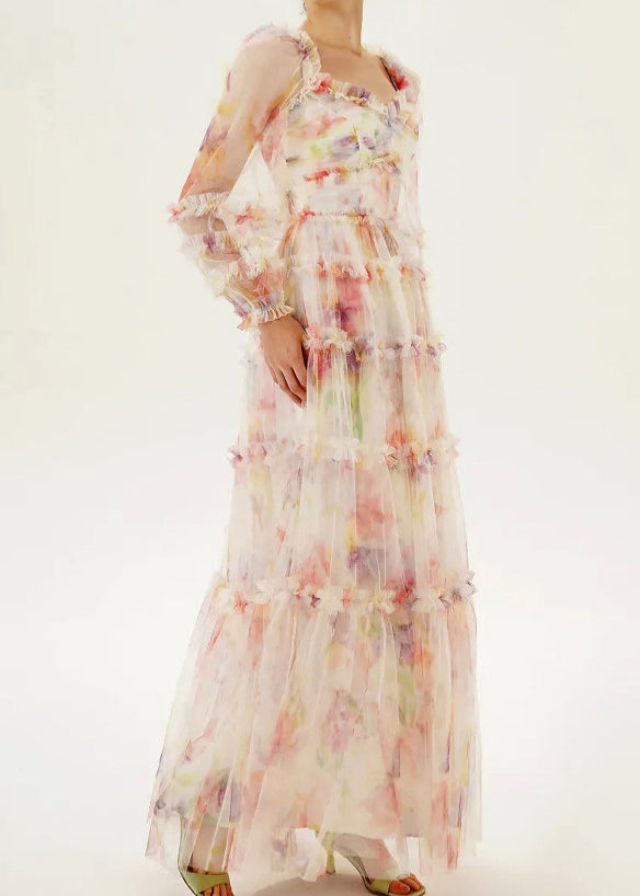 Women U Neck Ruffled Patchwork Tulle Long Dress Summer