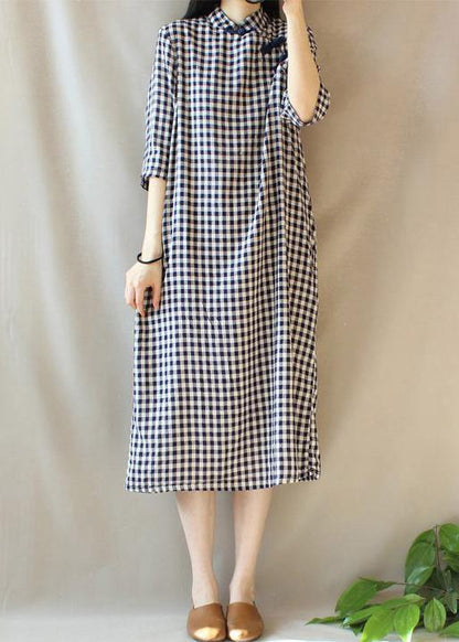 Loose Stand Collar Chinese Button Outfit Work Plaid Maxi Dresses