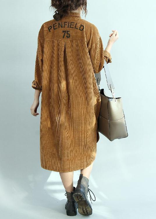 Simple yellow corduroy Tunic side open Knee fall Dresses