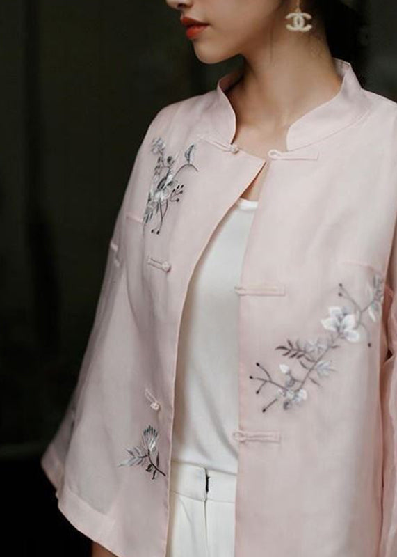 Chic Pink Stand Collar Embroidered Floral Button Top Long Sleeve