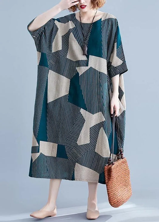 Women green striped cotton clothes For Women o neck half sleeve Plus Size Clothing summer Dress