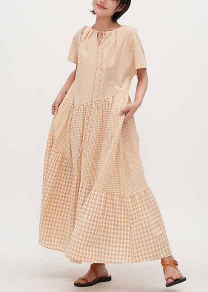Women Beige Oversized Patchwork Plaid Cotton Dresses Summer