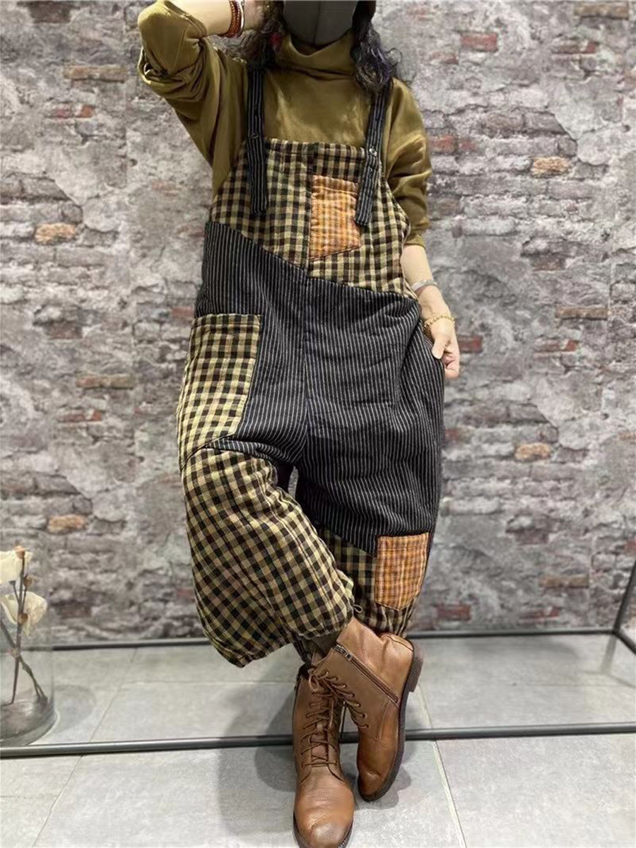 Women Plaid Thick Baggy Vintage Overalls Jumpsuit