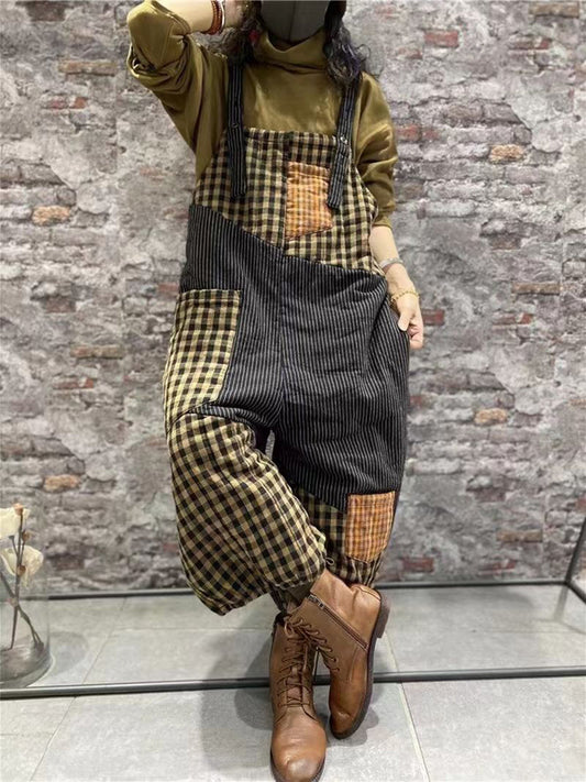 Women Plaid Thick Baggy Vintage Overalls Jumpsuit