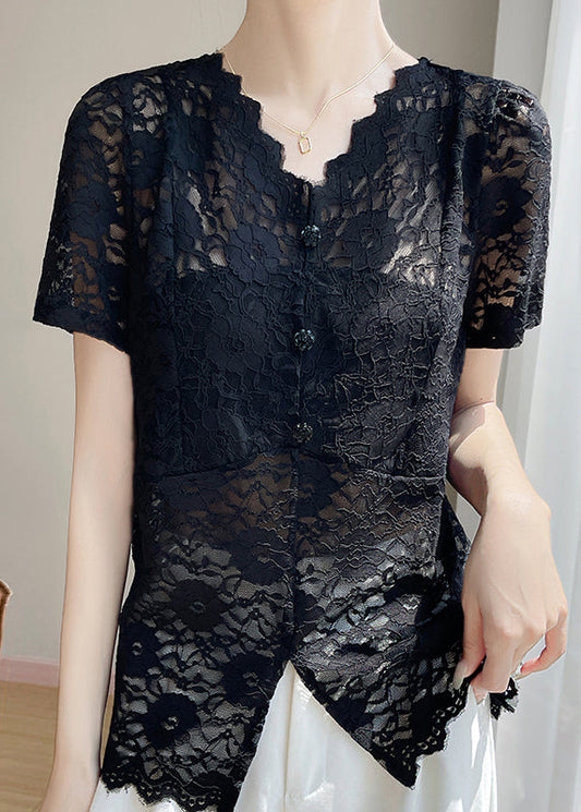 Black Hollow Out Solid Lace Summer Shirt V Neck