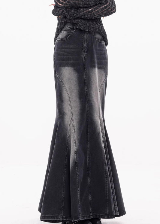 Vintage Black Pockets High Waist Denim Maxi Skirts Fall