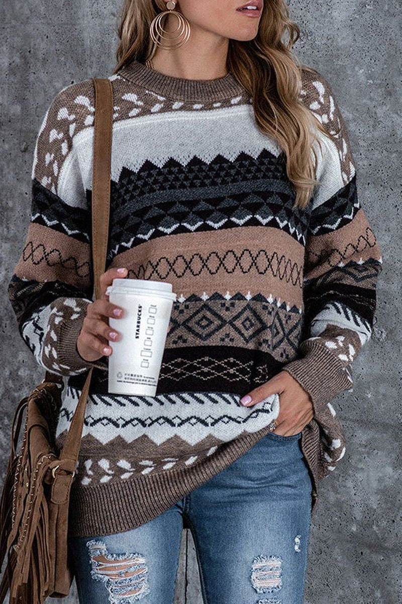 Striep Print Casual Round Neck Sweater