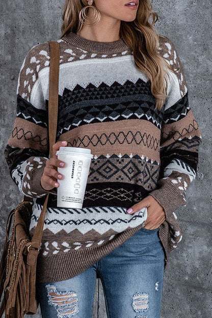 Striep Print Casual Round Neck Sweater