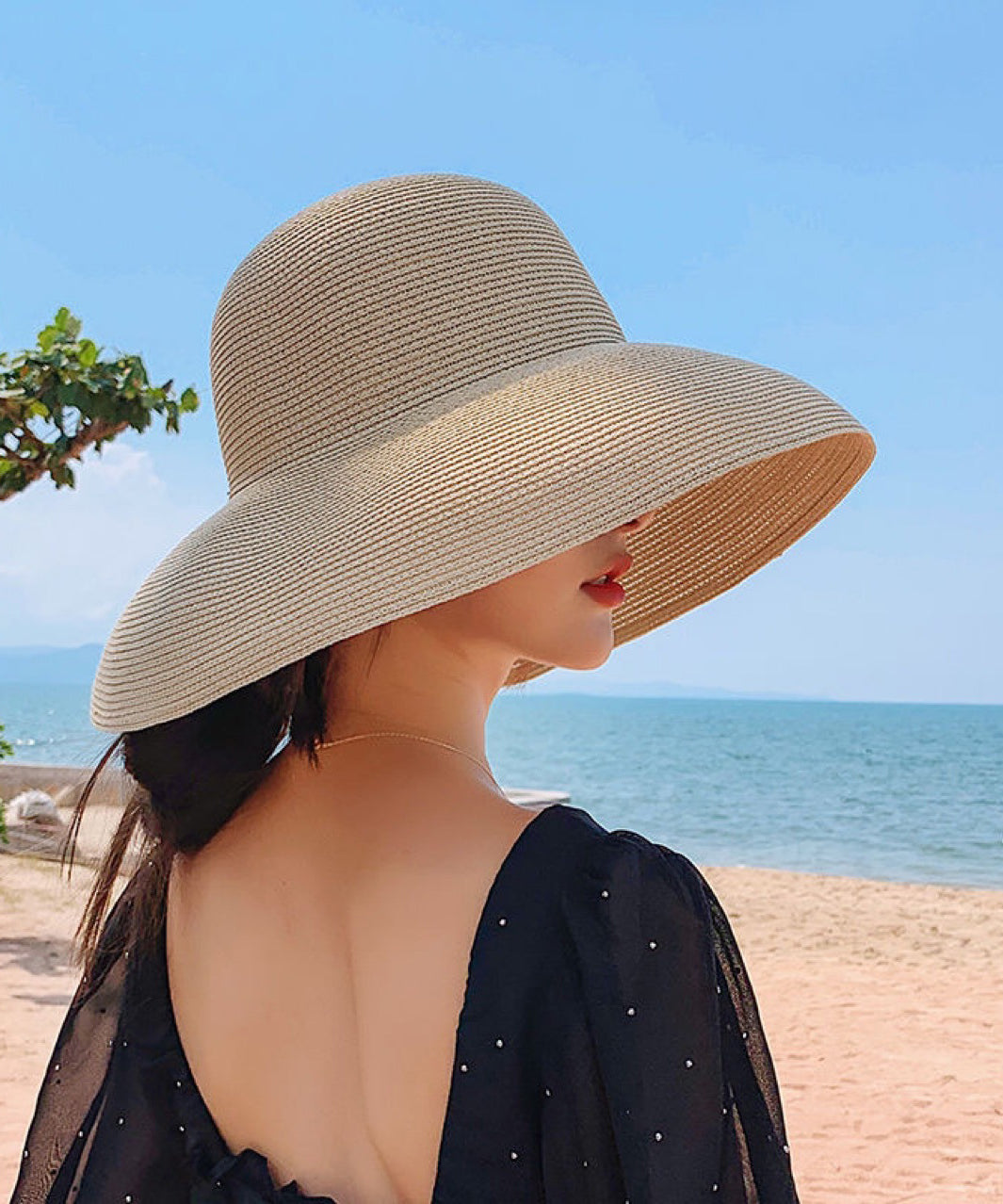 Fashion Versatile Khaki Straw Woven Large Eaves Bucket Hat