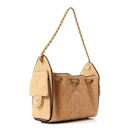Braided Raffia Calfskin Quilted Mini Chanel 25 Handbag Beige Black