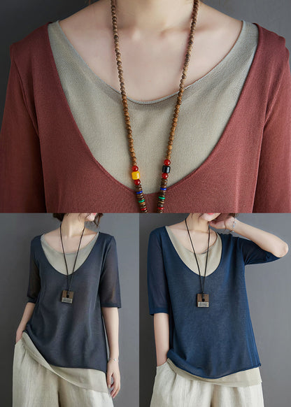 Women Brick Red Patchwork Knit Tanks Summer