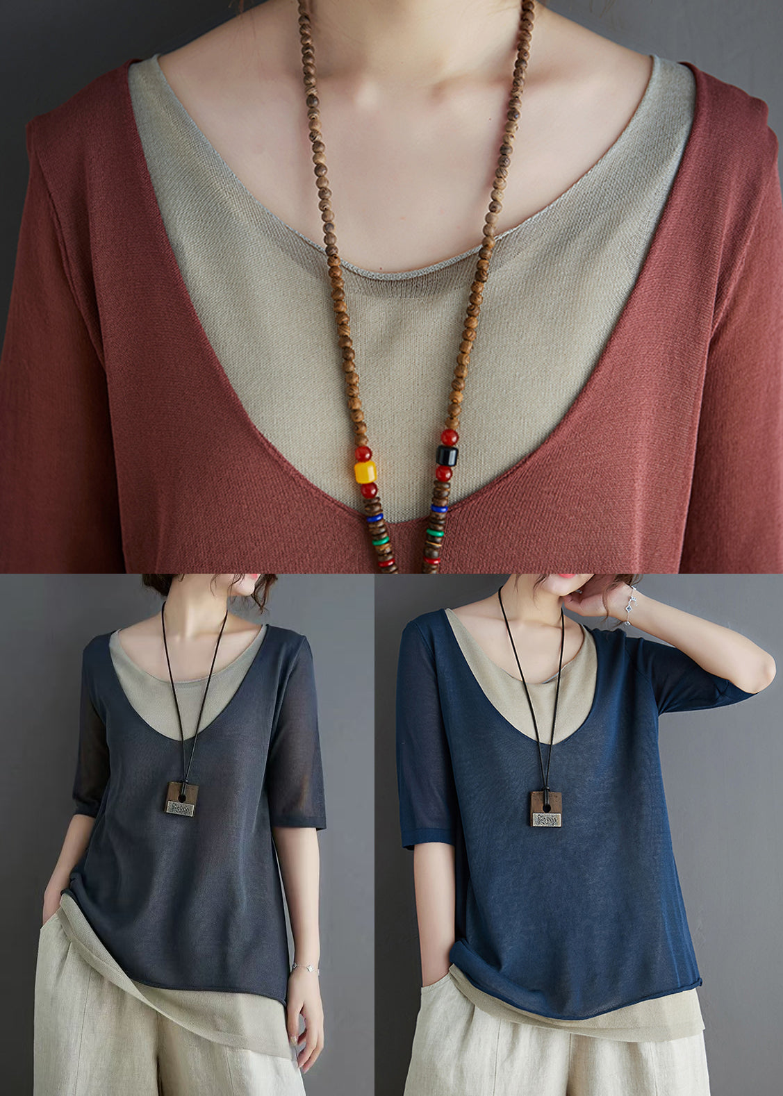Grey Patchwork Knit Tank O-Neck Summer